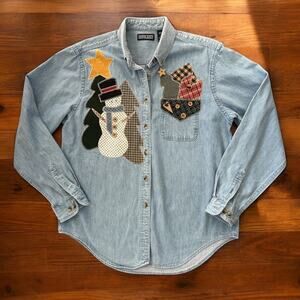Vintage 90s Lands' End Americana Christmas Embroidered Patchwork Denim Shirt M